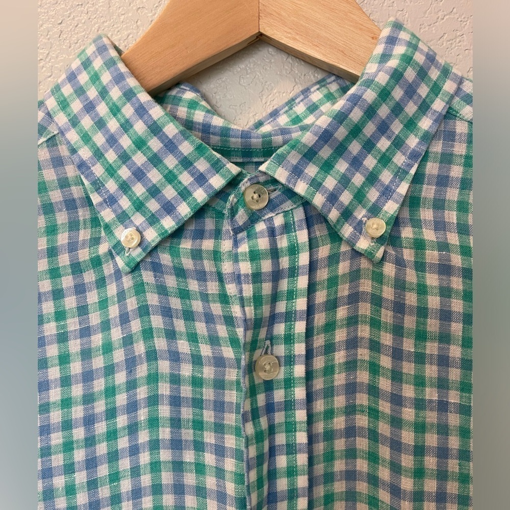 VINEYARD VINES 100% Linen Tucker Classic Fit Button-down Shirt Blue Grn gingham